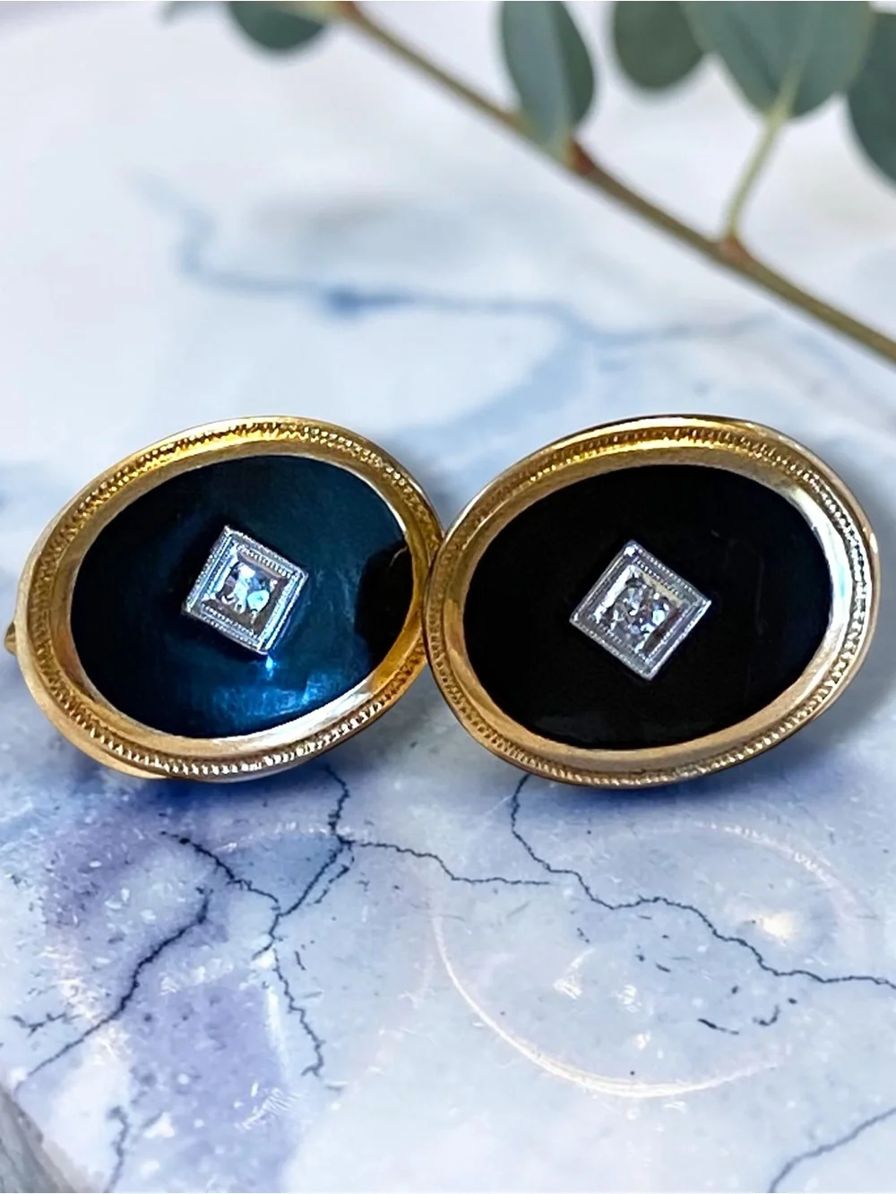 Vintage Estate Big and Bold 10k 14k Yellow Gold ONYX and DIAMOND Oval Cufflinks!